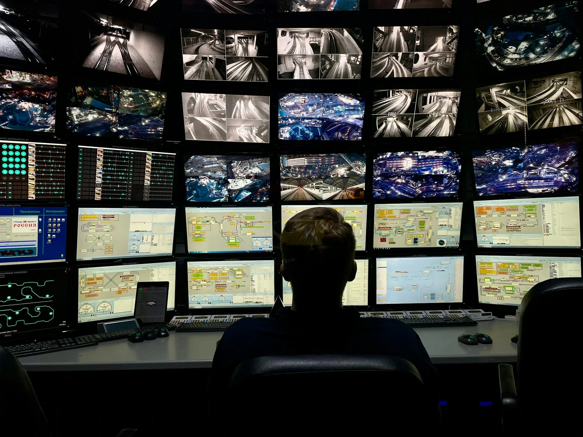 Security operator overseeing multiple surveillance feeds in a control room