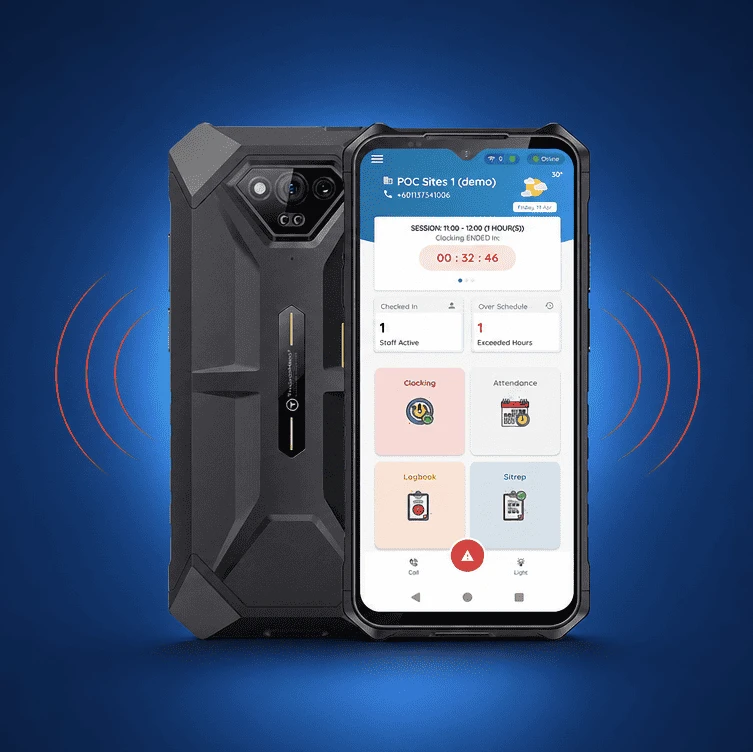 TrackerHero patrol device and mobile app for GPS tracking, checkpoint scanning, and incident reporting